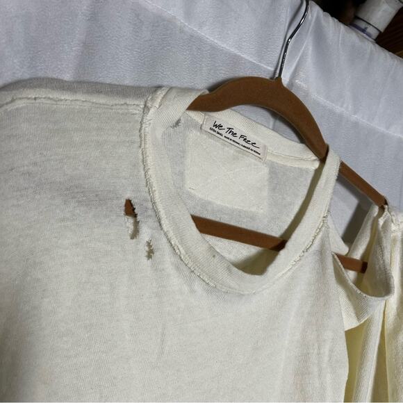NWT Free People Cream Distressed Short Sleeve Crew Neck 100% Cotton T Shirt XS - Picture 3 of 9